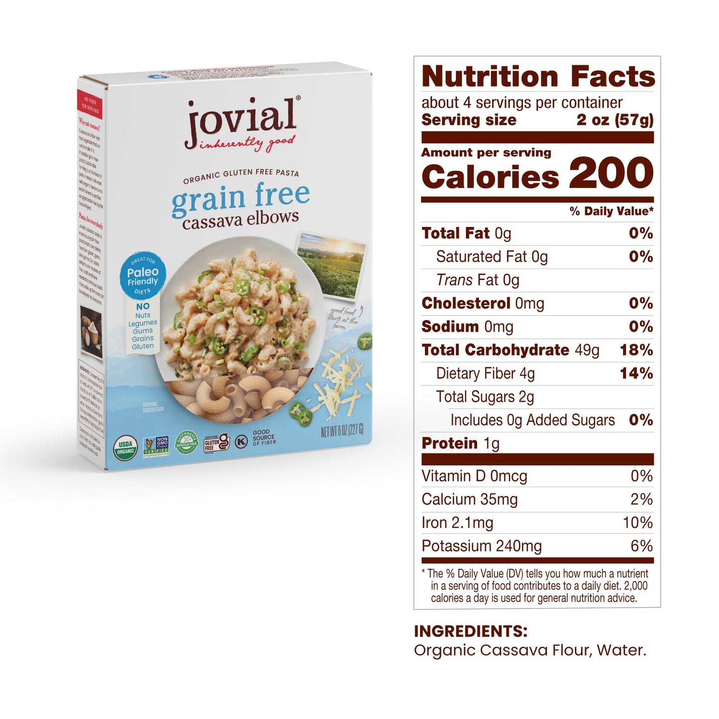 Jovial Grain-Free Cassava Elbows Pasta - Gluten Free, Organic, High-Fiber - 8 Oz