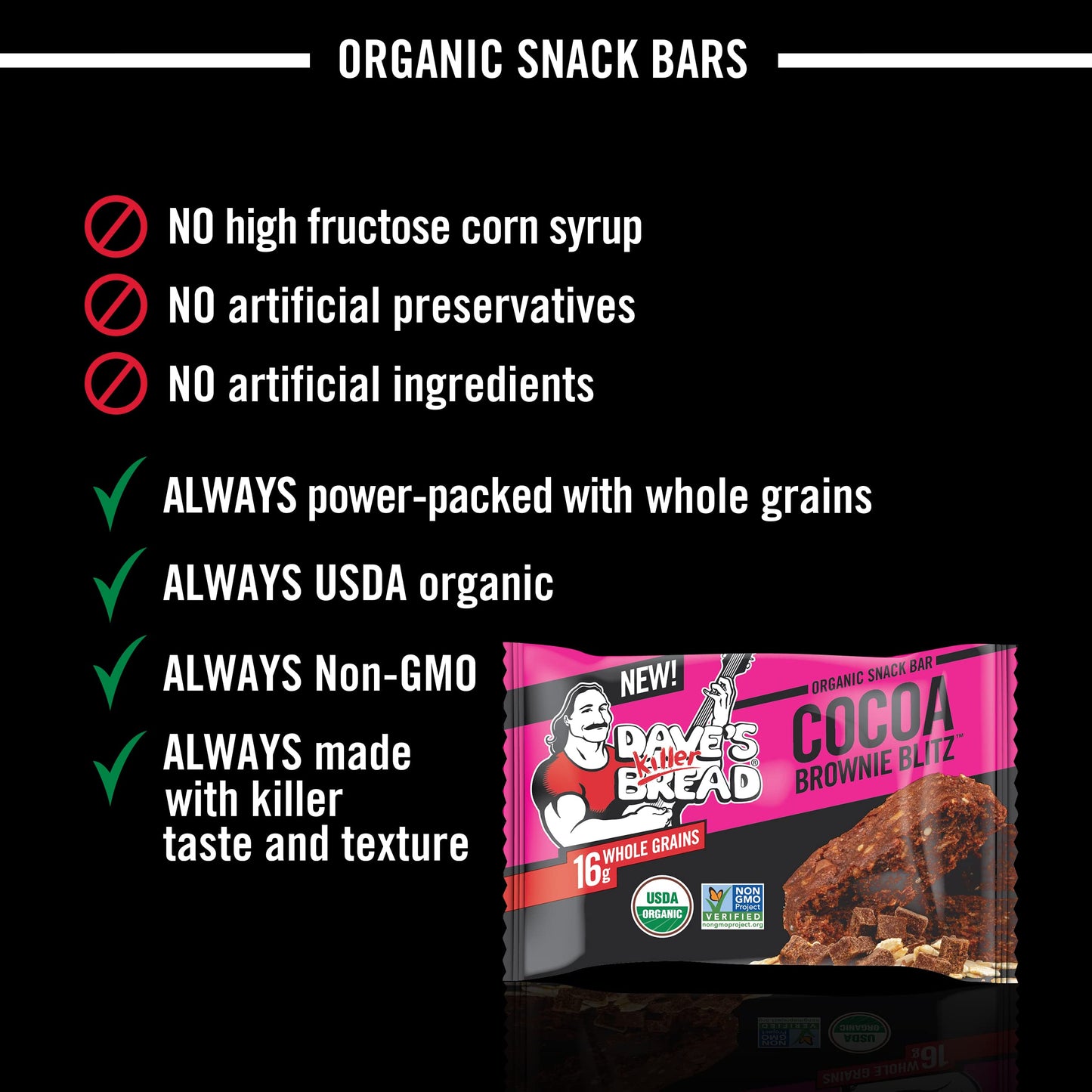 Dave'S Killer Bread Cocoa Brownie Blitz Organic Snack Bars, 4 Individually Wrapped Snack Bars