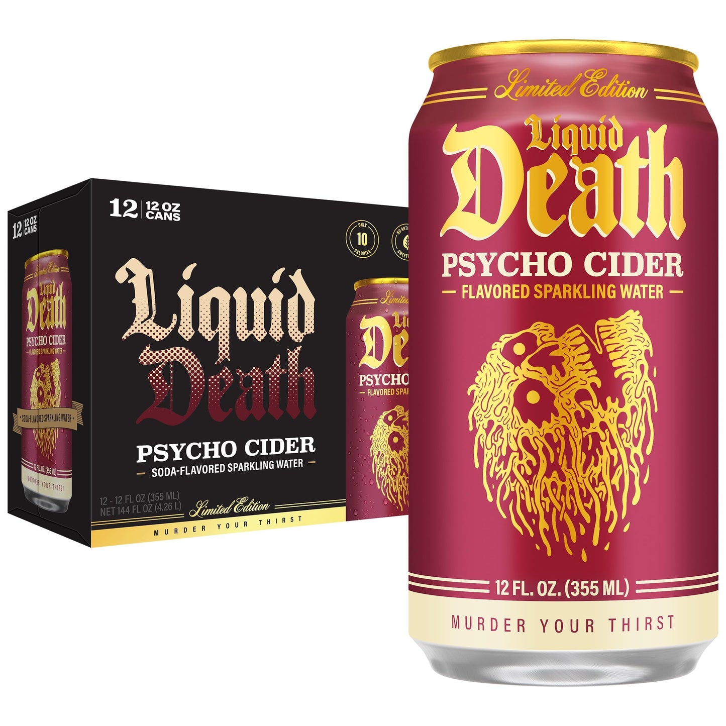Liquid Death Sparkling Water, Apple Cider Flavor, 12 oz Cans, 12-Pack, Low Sugar, No Artificial Sweeteners