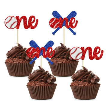 24Pcs Baseball 1St Birthday Cupcake Toppers Glitter First Birthday Baseball One Cupcake Picks Decorations For Baseball Sports Th