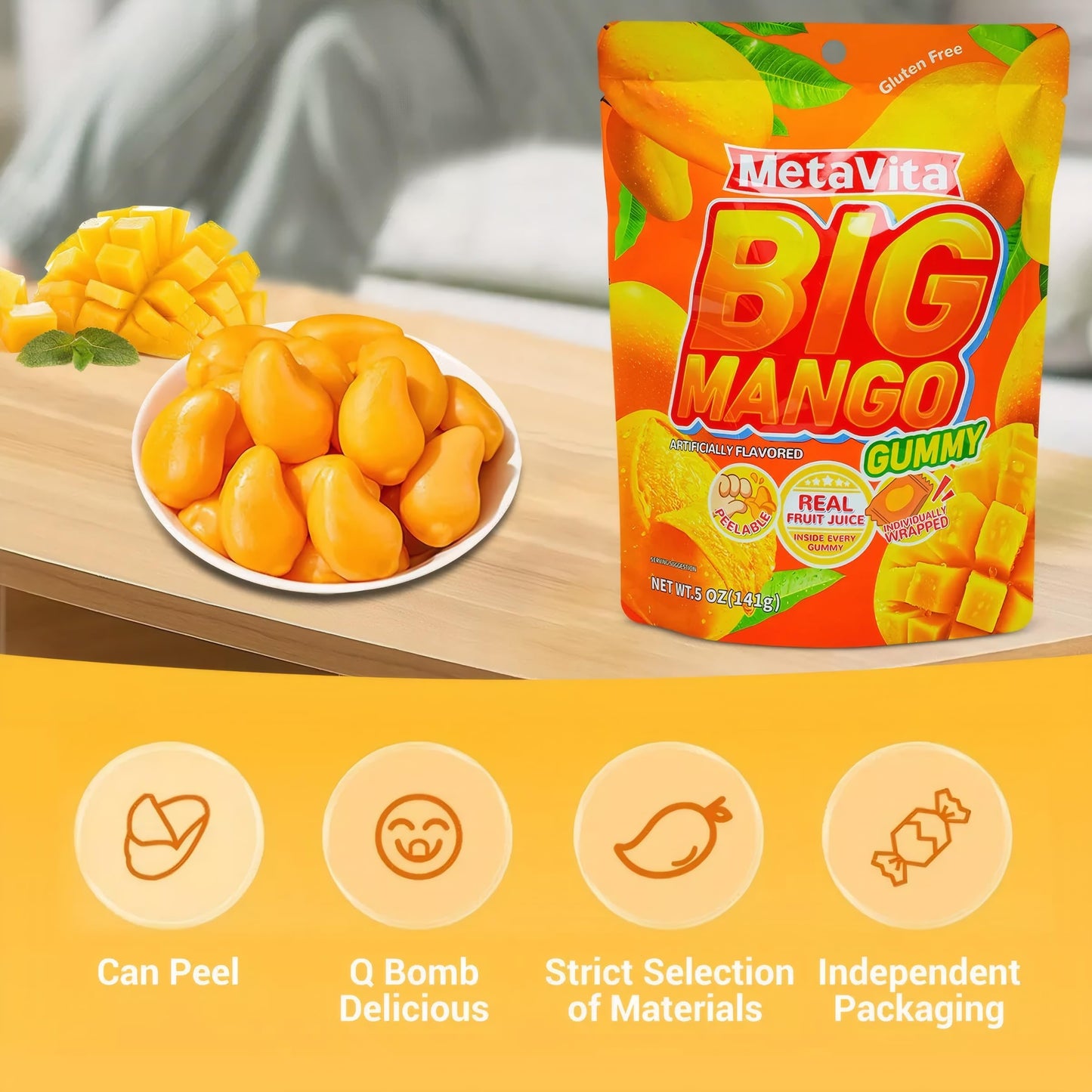 (3 Packs) MetaVita - Big Mango Gummy Candy - Individually Wrapped Peelable Mango Gummies with Real Puree - Chewy, Gluten-Free -