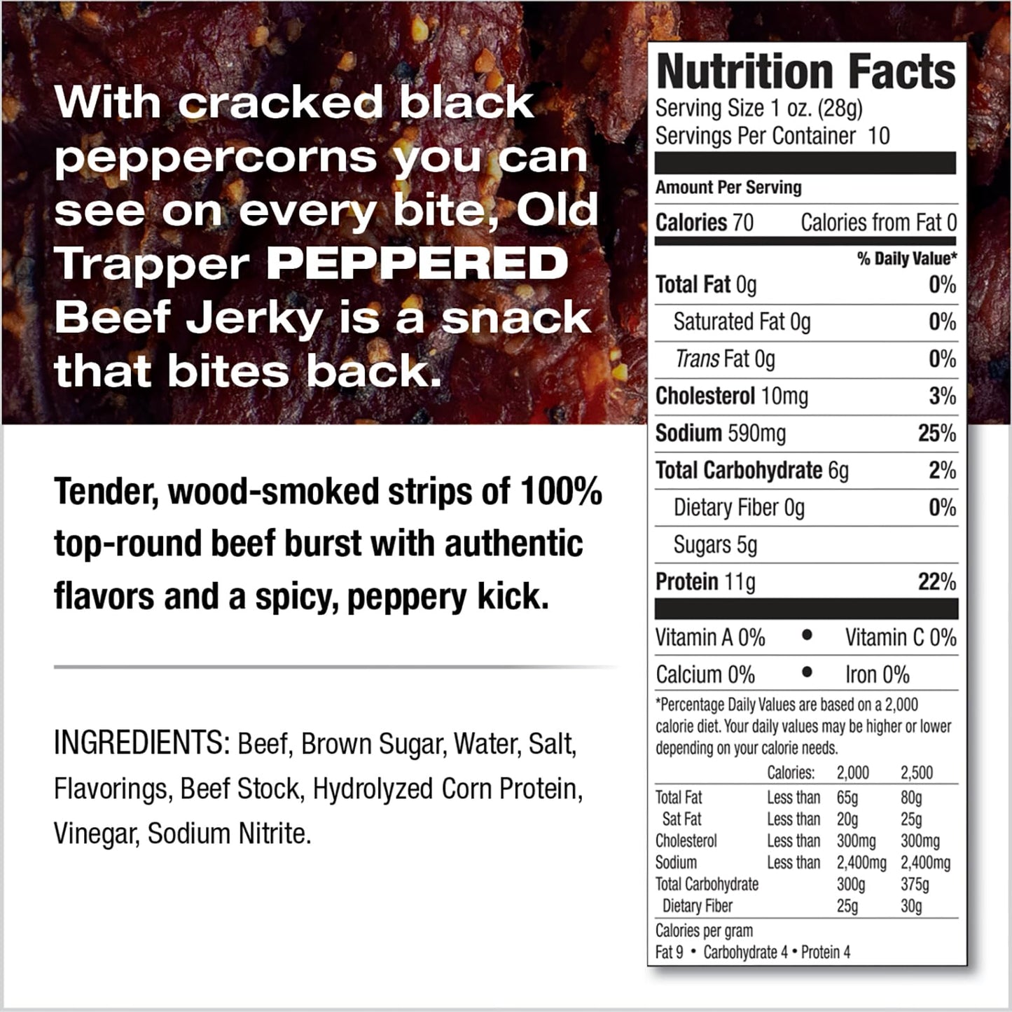 Old Trapper Beef Jerky, Peppered 10-Ounce Pack, Spicy Meat Snacks For Lunches Or Between Meals, 11 Grams Of Protein, Zero Grams Of Fat, And 70 Calories Per Ounce (Pack Of One)