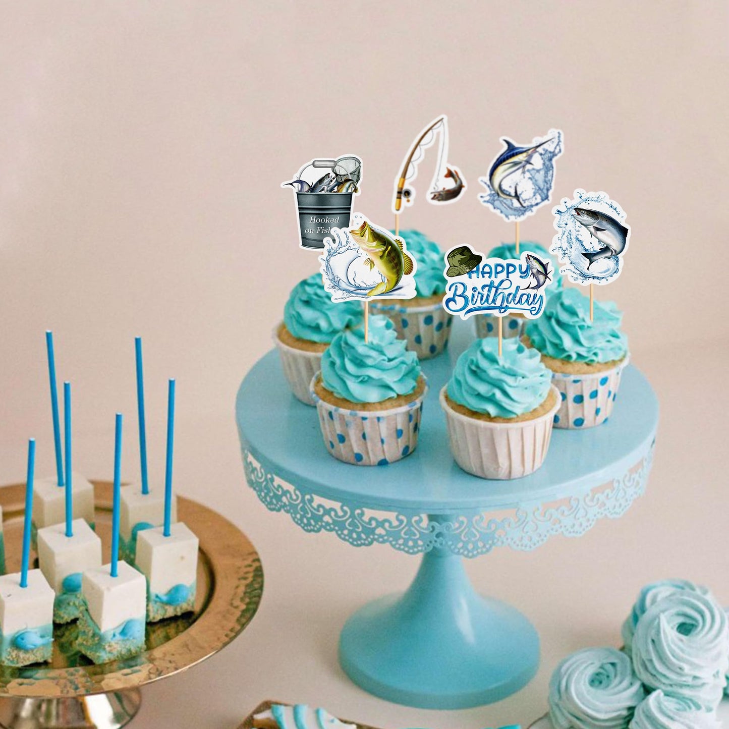 Cyodoos 36Pcs Fishing Cupcake Toppers Go Fishing Theme Decorations Baby Shower Boys Girls Happy Birthday Party Tropical Party Ca