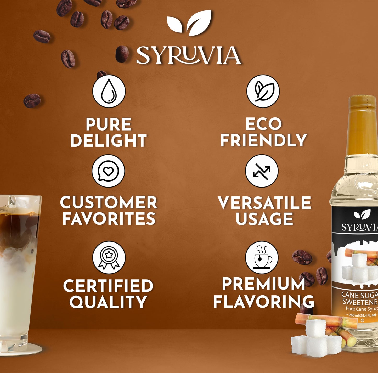 Syruvia Cane Sugar Sweetener Syrup - Cane Sugar Sweetener Coffee Syrup Flavor, 25.4 Fl Oz, Kosher, Gluten Free, Perfect For Coff