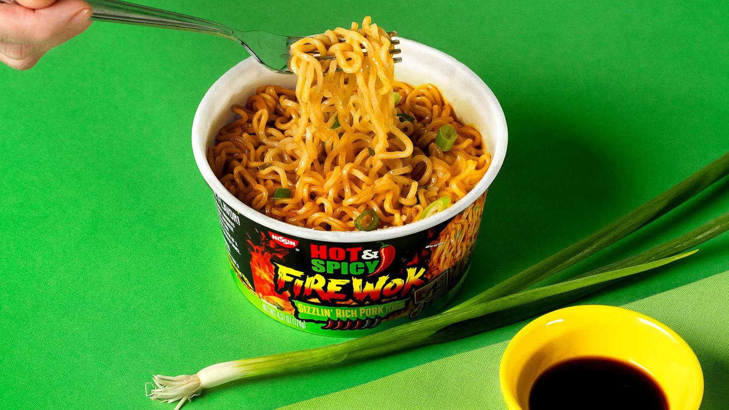 Nissin Hot & Spicy Fire Wok, Sizzlin Rich Pork, 4.37 Ounce, Pack of 6