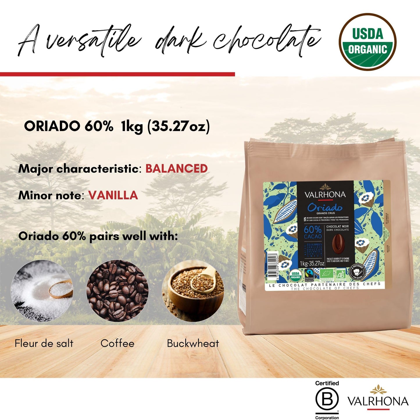 VALRHONA Dark Chocolate Discs 60% Cacao Organic Fair Trade 1kg Pack