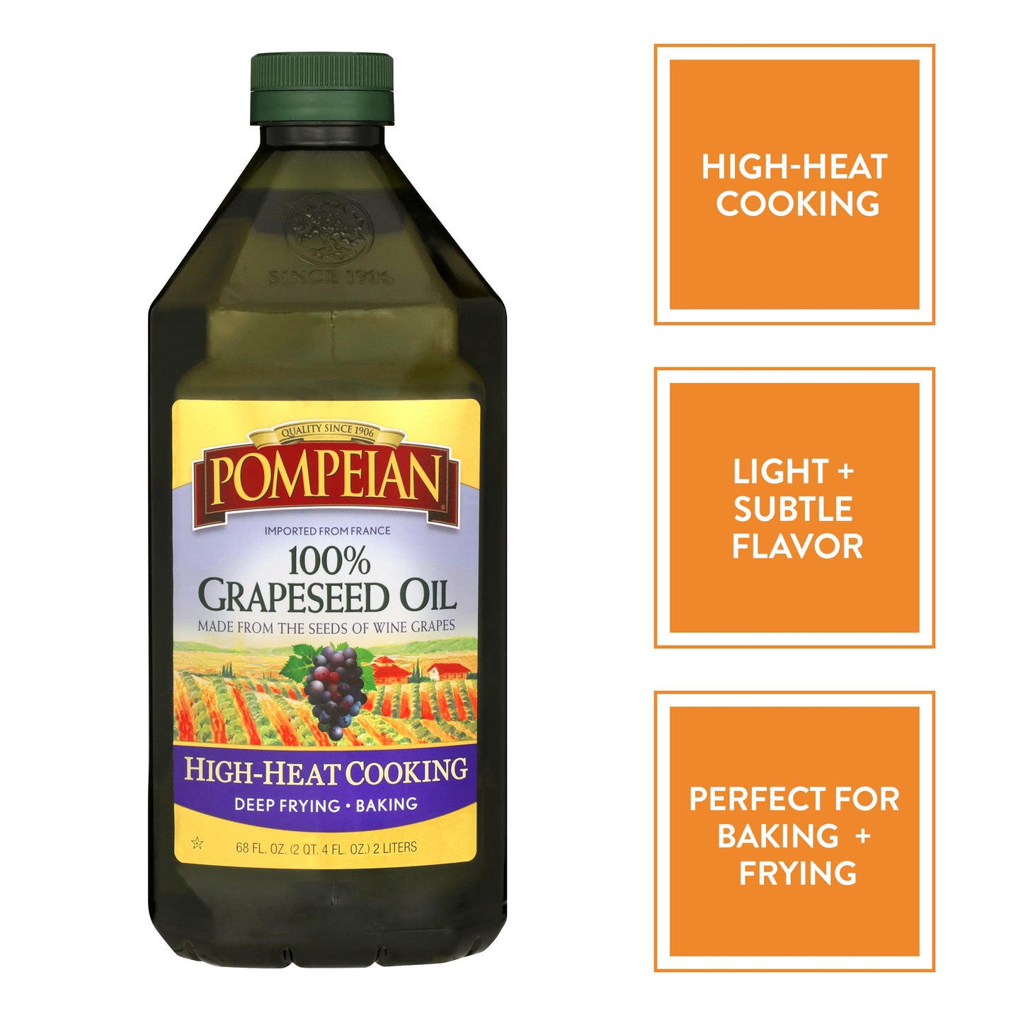 Pompeian 100% Grapeseed Oil, Light And Subtle Flavor, Perfect For High-Heat Cooking, Deep Frying And Baking, 68 Fl. Oz.