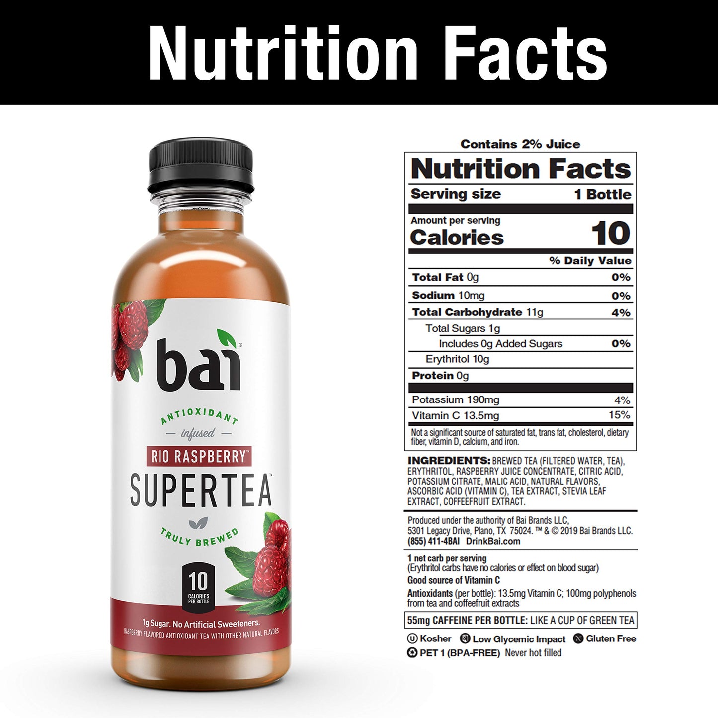 Bai Iced Tea Rio Raspberry, Antioxidant Infused, Black & White Tea, 18 Fl Oz, Pack of 12