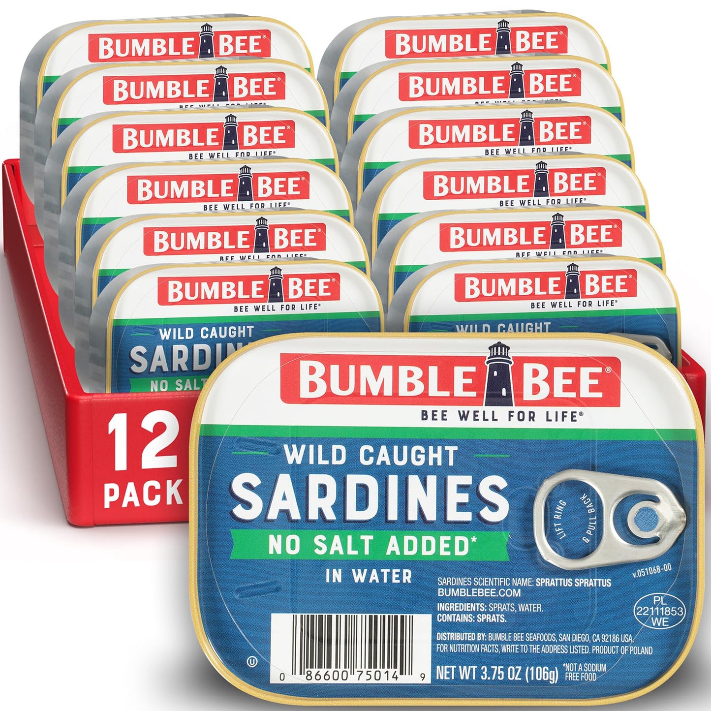 Bumble Bee Sardines In Water With No Salt Added  3.75 Oz Tin (Pack Of 12) - Wild Caught  Gluten Free  Keto  Kosher  Clean Ingredients
