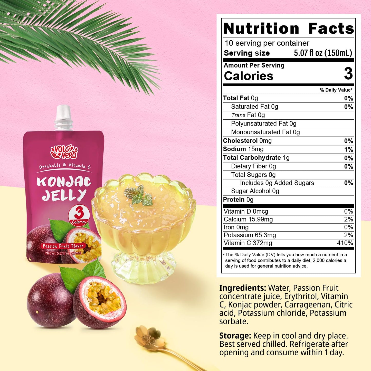 Volo Vero Konjac Jelly Squeeze Pouch Passion Fruit Flavor, Low Calories (3 Kcal), 10 Packs, Gluten Free & Vegan, 0 Sugar, Keto, Low Carb, Drinkable Vitamin C Healthy Snacks, Holiday Gifts
