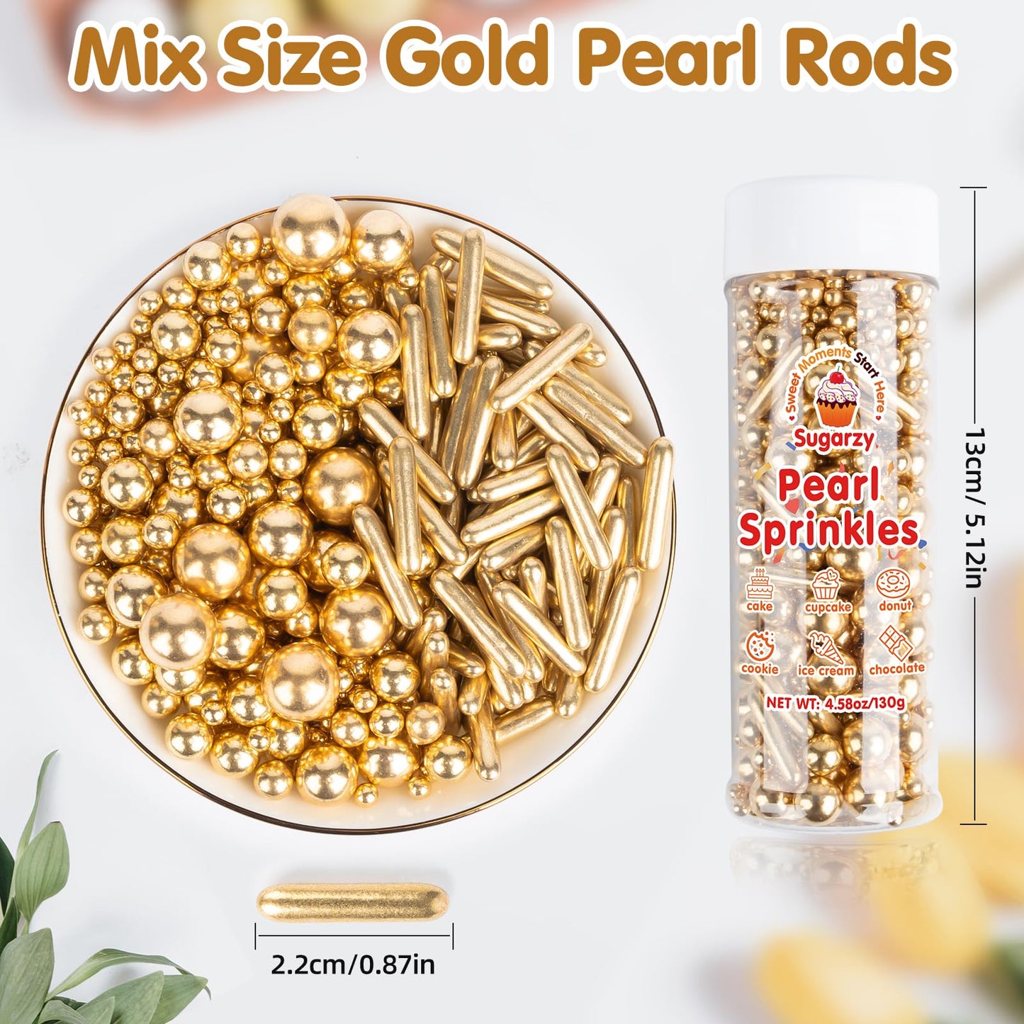 Sugarzy Christmas Gold Pearl Sprinkles, Edible Cake Decorations, 130g, Baking Toppers for Cupcakes, Cookies, Donuts, Food Grade