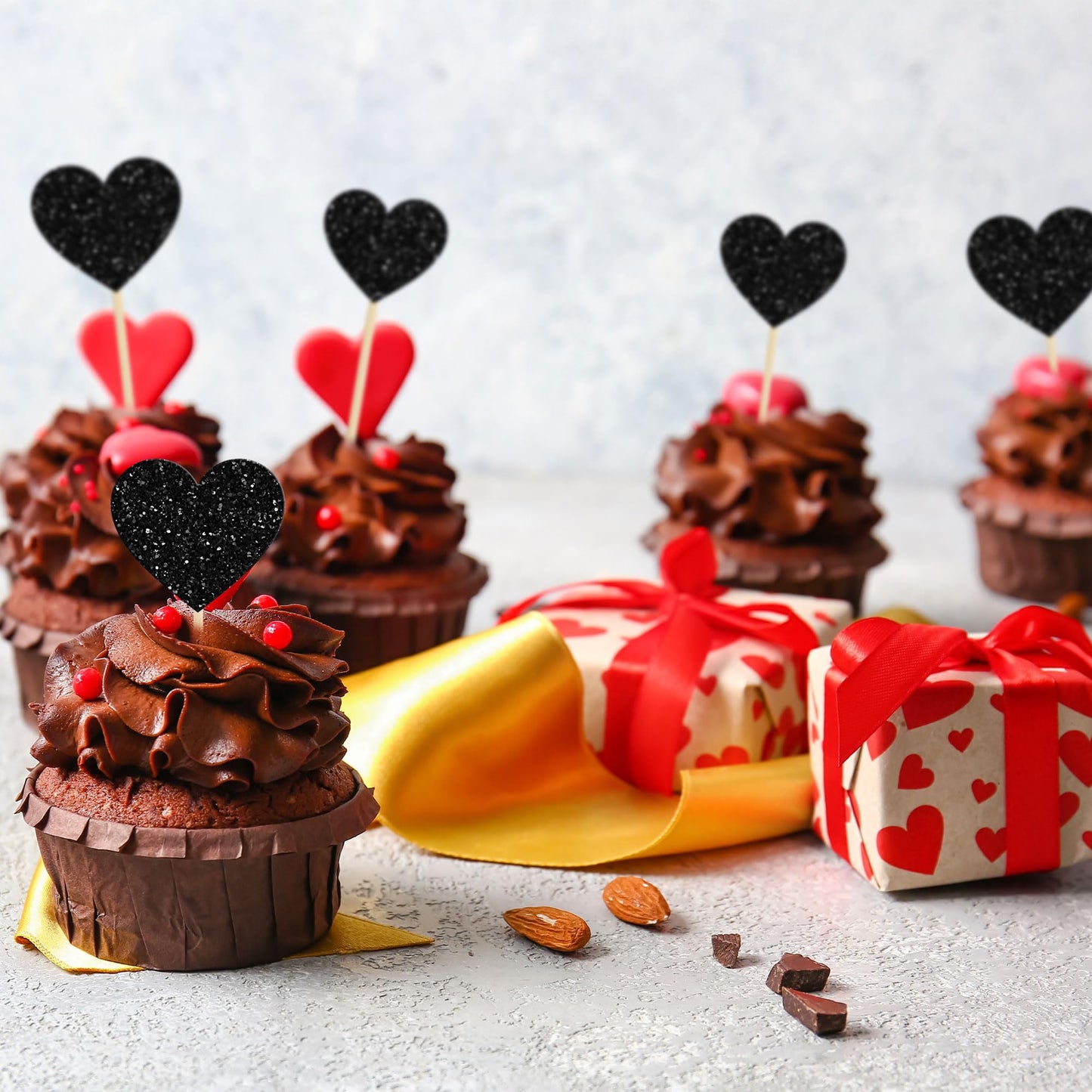 Gyufise 30Pcs Heart Cupcake Toppers Glitter Mixed Size Sweet Love Theme Heart Cake Decorations Wedding Engagement Bridal Shower