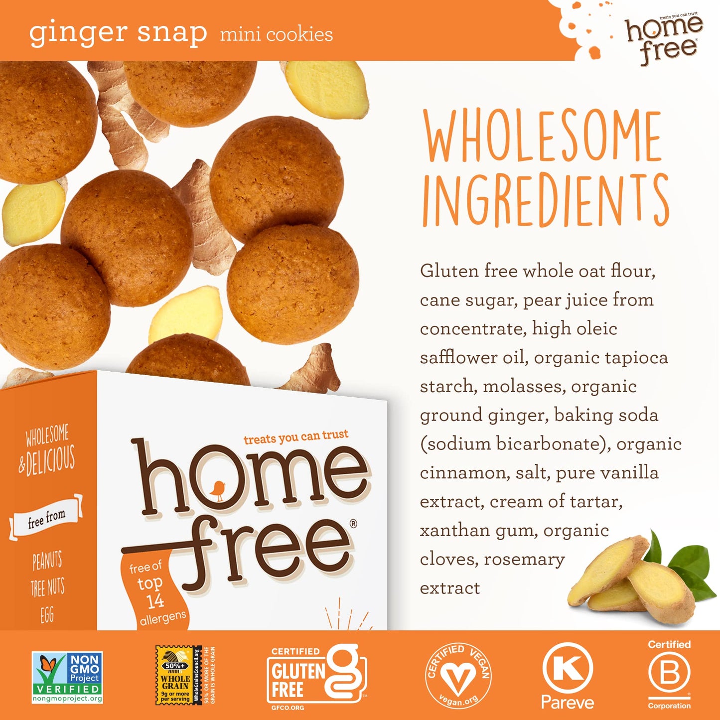 Homefree Mini Ginger Snap Cookies, Gluten Free, Nut Free, Vegan, School Safe And Allergy Friendly Snack, 5 Oz. (Pack Of 6)