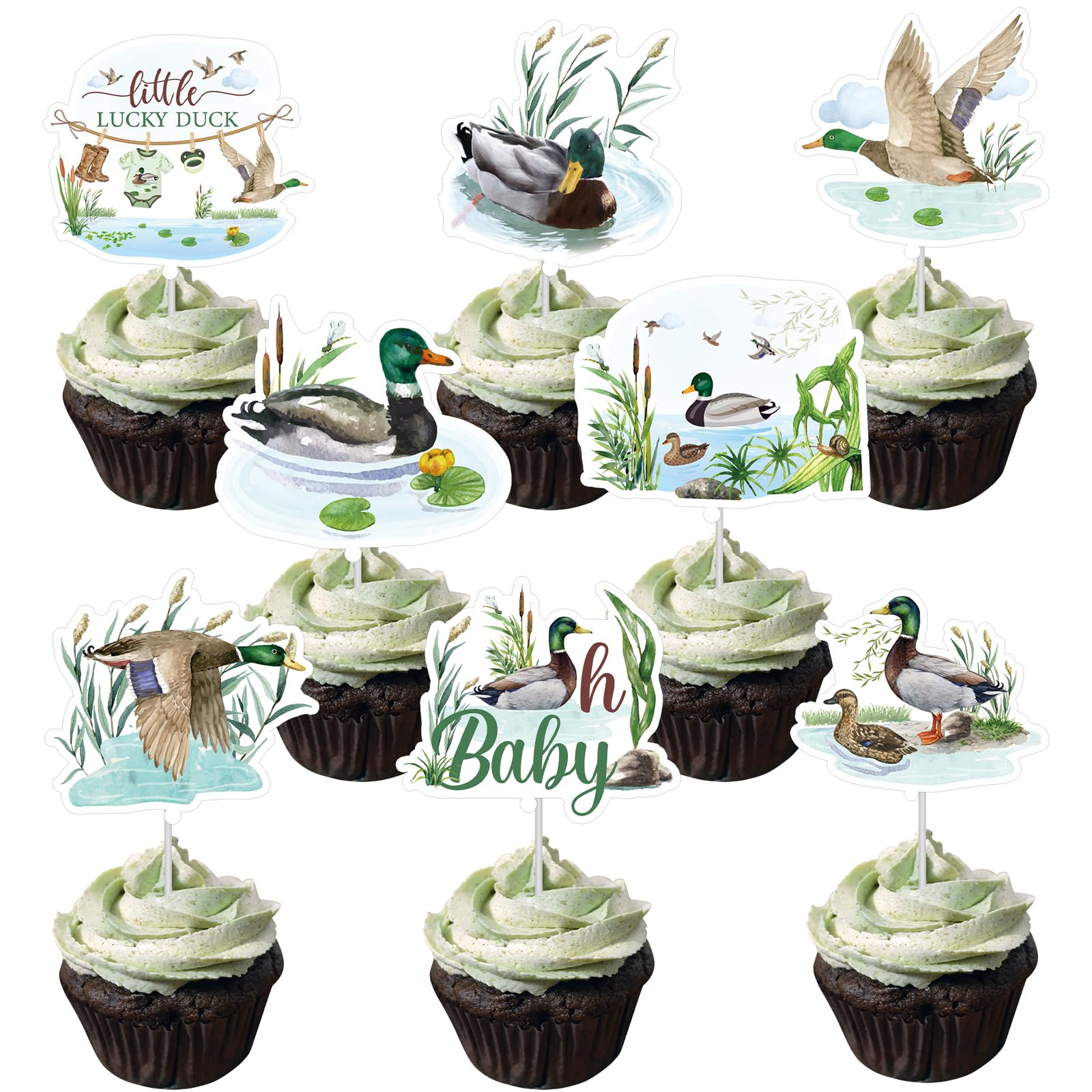 Mallard Duck Baby Shower Decorations - Joybileefun 40PCS One Lucky Duck Birthday Decorations Cupcake Toppers Hunting Birthday Pa