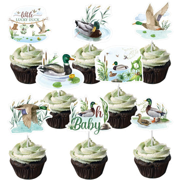 Mallard Duck Baby Shower Decorations - Joybileefun 40PCS One Lucky Duck Birthday Decorations Cupcake Toppers Hunting Birthday Pa