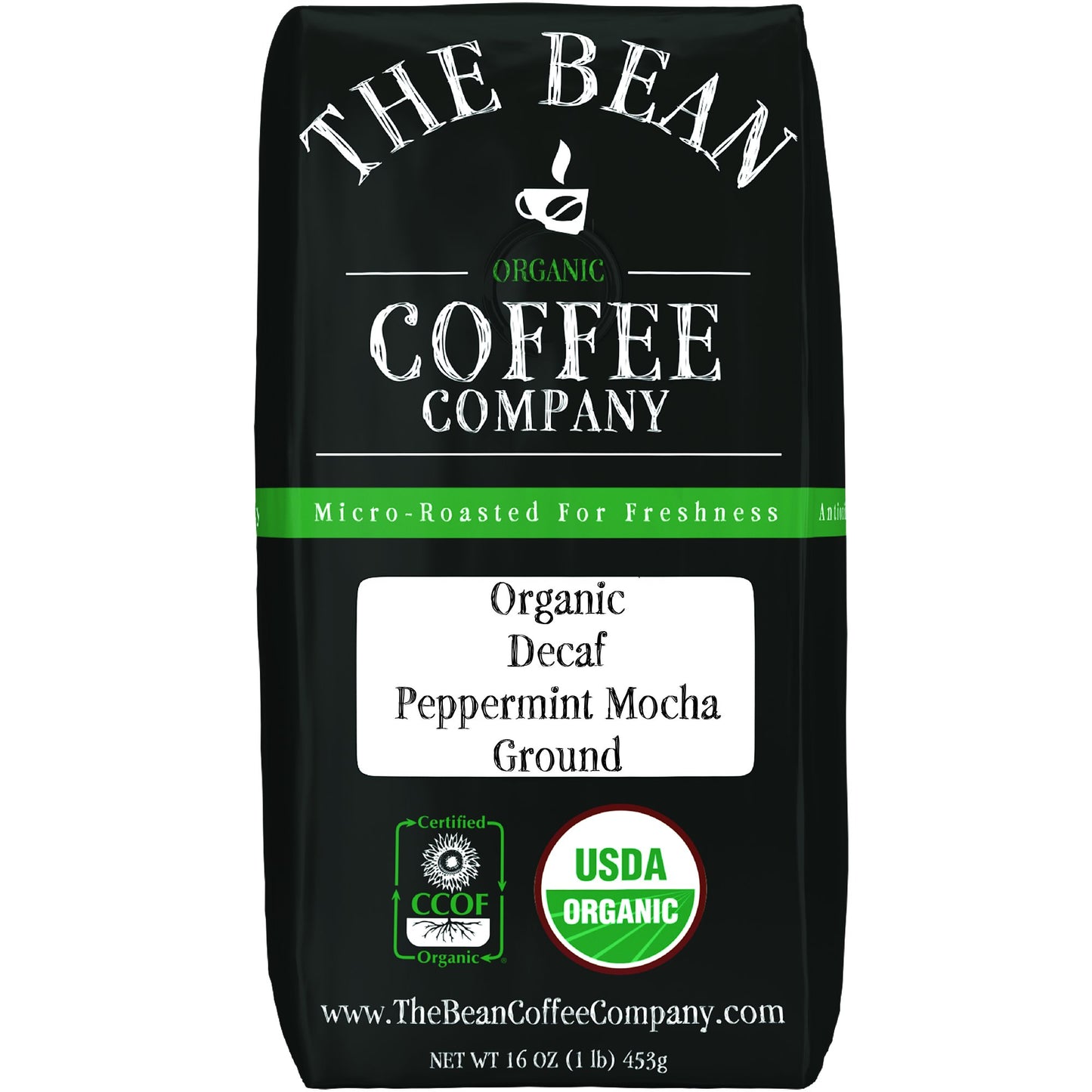 The Bean Organic Coffee Company Water Processed Decaf Peppermint Mocha, Medium Roast, Ground Coffee, 16-Ounce Bag, Café Molido Tostado Orgánico Descafeinado