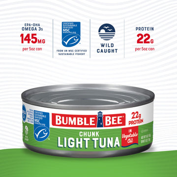 Bumble Bee Chunk Light Tuna In Oil, 5 Oz Cans (Pack Of 48) - Wild Caught Tuna - 22G Protein Per Serving - Non-Gmo Project Verified, Gluten Free, Kosher - Great For Tuna Salad And Recipes