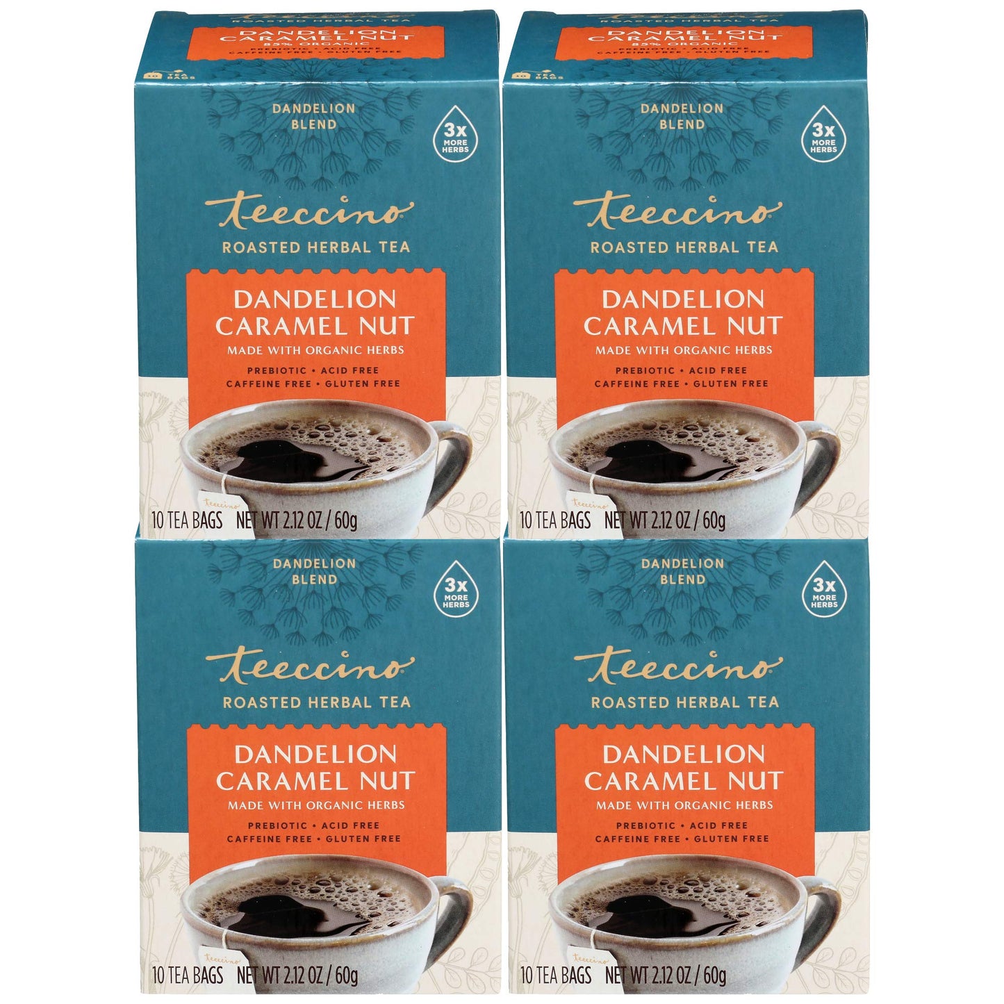 Teeccino Caramel Nut Dandelion Tea - Herbal, Caffeine-Free, Prebiotic, 10 Bags (Pack of 4)