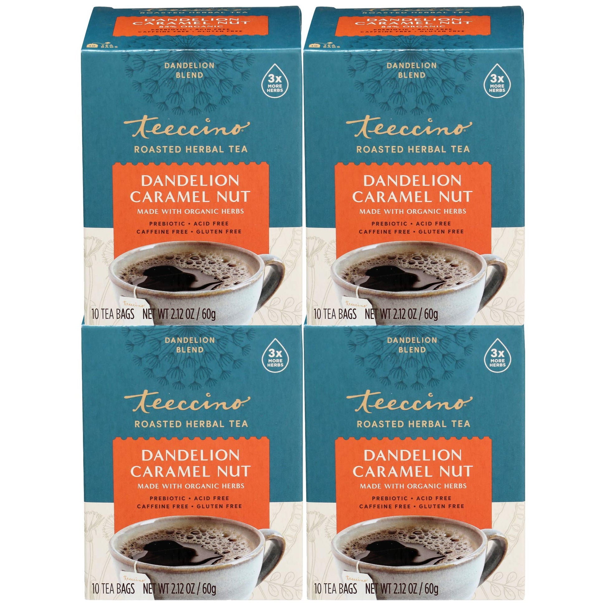 Teeccino Caramel Nut Dandelion Tea - Herbal, Caffeine-Free, Prebiotic, 10 Bags (Pack of 4)