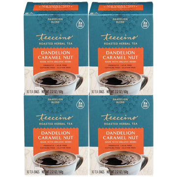 Teeccino Caramel Nut Dandelion Tea - Herbal, Caffeine-Free, Prebiotic, 10 Bags (Pack of 4)
