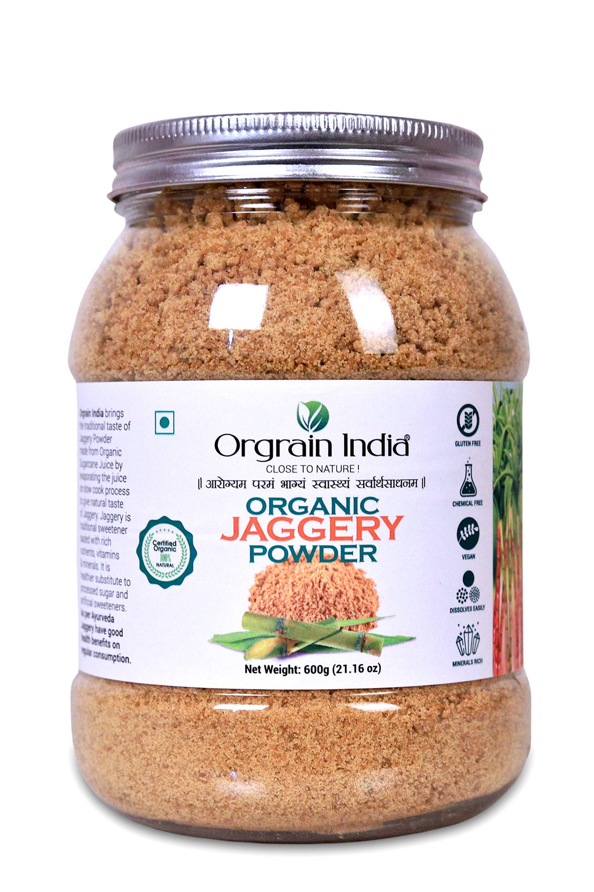 Orgrain India Organic Jaggery Powder, 600g (Pack of 1*600g) | Hand Crushed Gur Powder | Organically Grown | No Preservatives Add