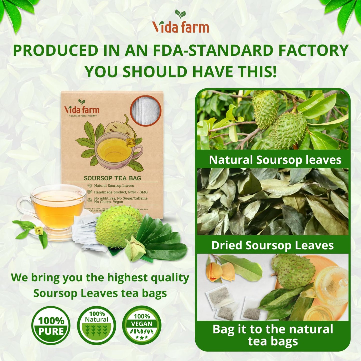 Vida Farm Soursop Tea Bags, 155 Count, 100% Natural Pure Soursop Leaves, Decaffeinated, Vegan, Gluten-Free