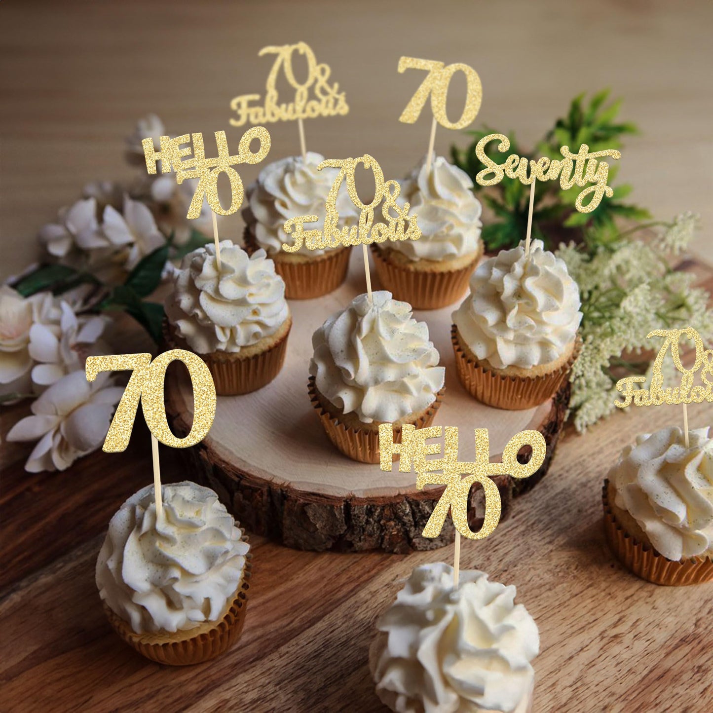 Gyufise 24Pcs Gold Glitter 70Th Birthday Cupcake Toppers Hello 70 Seventy Cake Toppers 70 & Fabulous Cupcake Picks For 70Th Birt