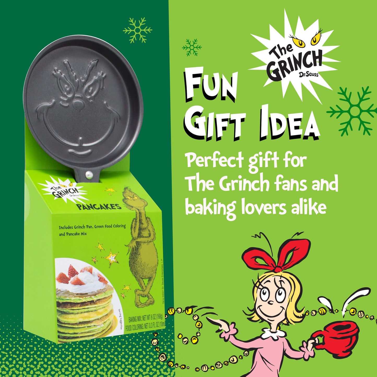 Ten Acre Gifts Dr Seuss The Grinch Pancake Mix and Pan Gift Set, Easy Instant Baking Mix with Round Frying Pan and Green Food Co
