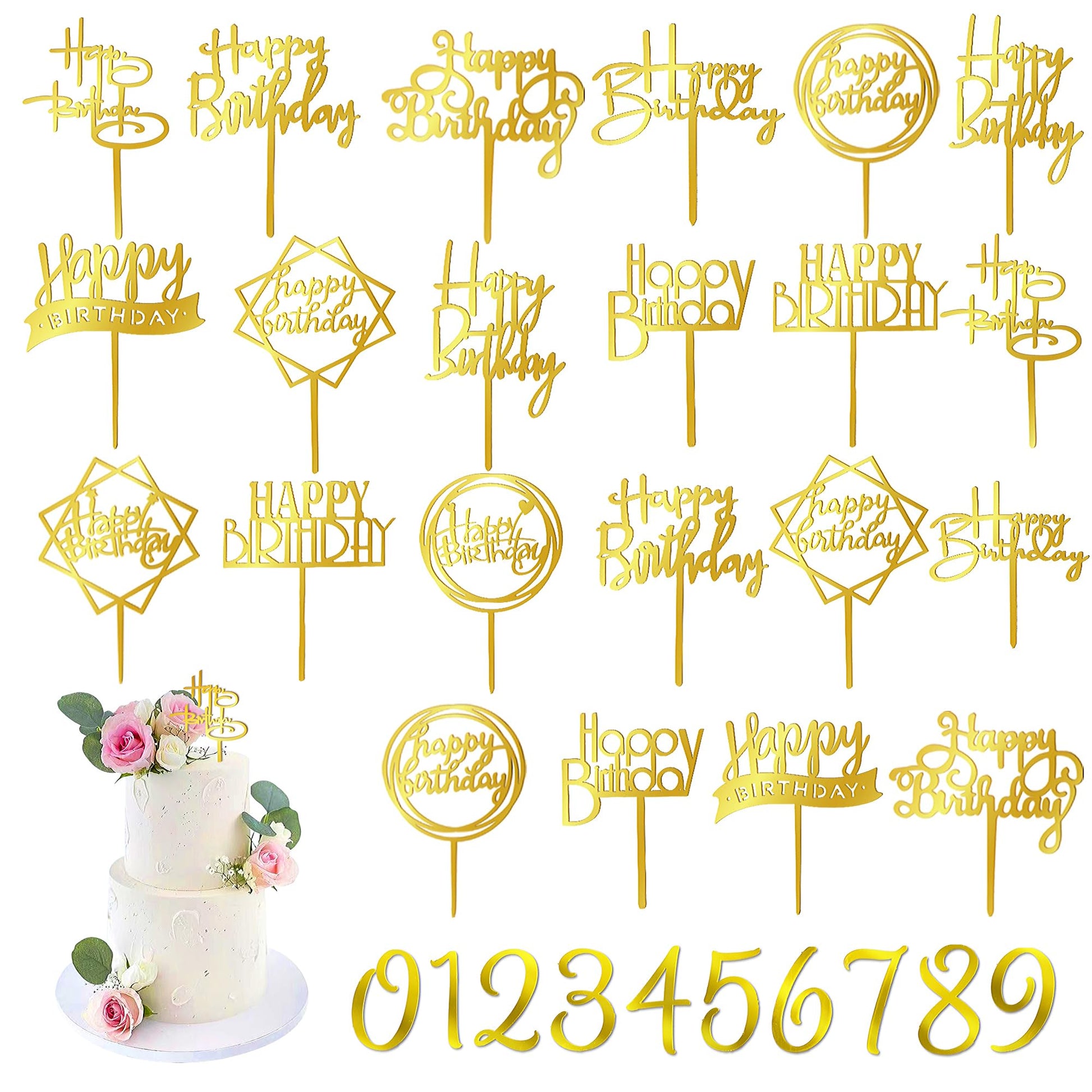 50 Pcs Gold Happy Birthday Cake Topper Acrylic Birthday Cupcake Topper Pick For Birthday Party Cake Desserts Pastries Decoration