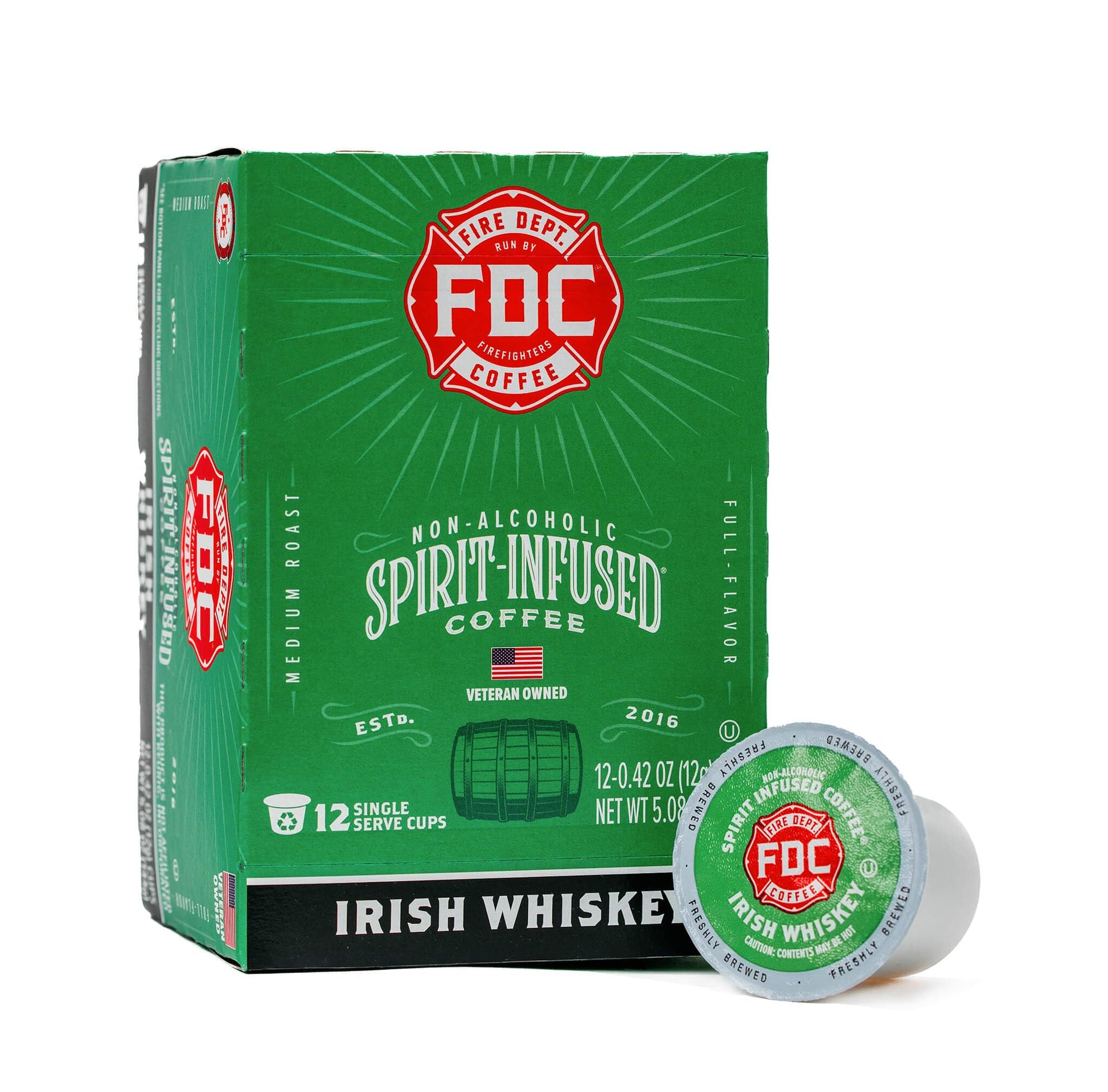 Fire Department Coffee Irish Whiskey Infused K Cups - Non-Alcoholic - 12 Single Pods - Veteran Owned - Roasted in the USA
