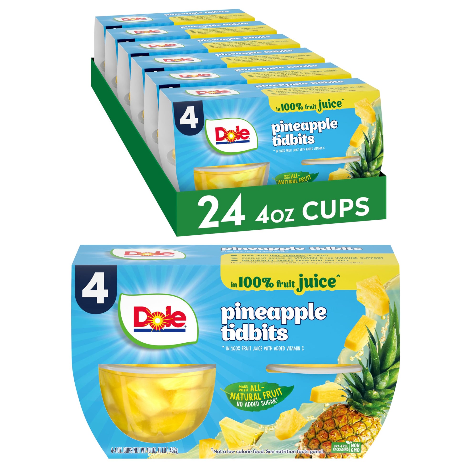 Dole Fruit Bowls Pineapple Tidbits in 100% Juice Snacks, 4oz 24 Total Cups, Gluten & Dairy Free, Bulk Lunch Snacks for Kids & Ad