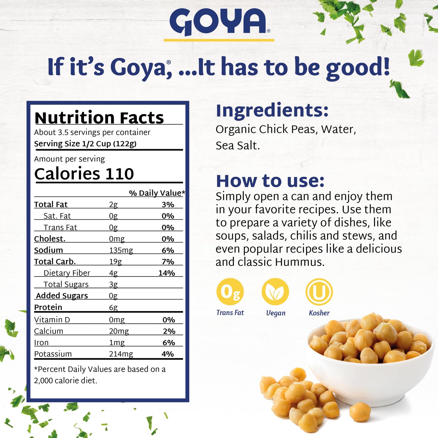 Goya Organic Chick Peas Garbanzo Beans, Low Sodium With Sea Salt, 15.5 Ounce (Pack Of 8)