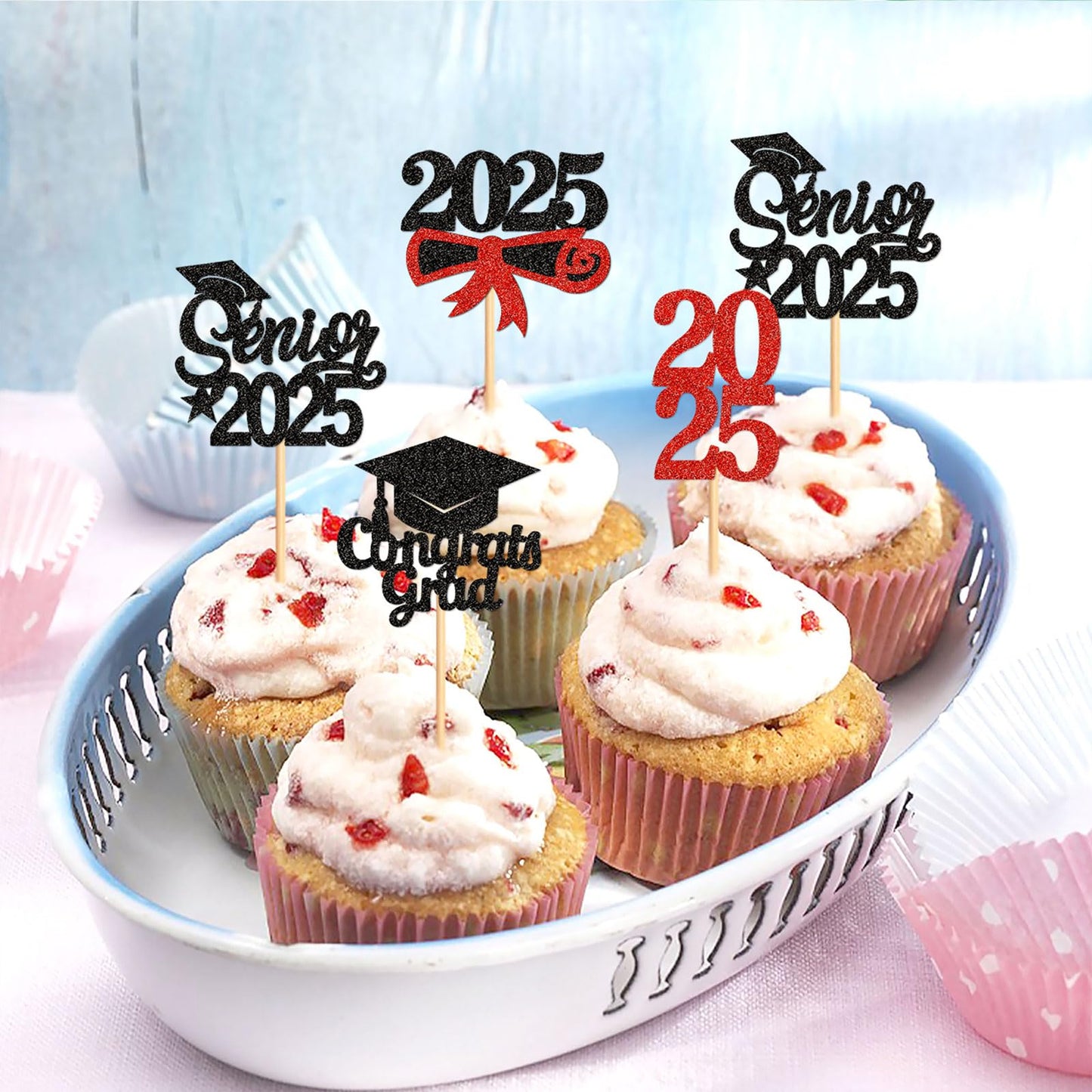 Keaziu 24 Pack Graduation Cupcake Toppers Senior 2025 Congrats Grad Red Decorations