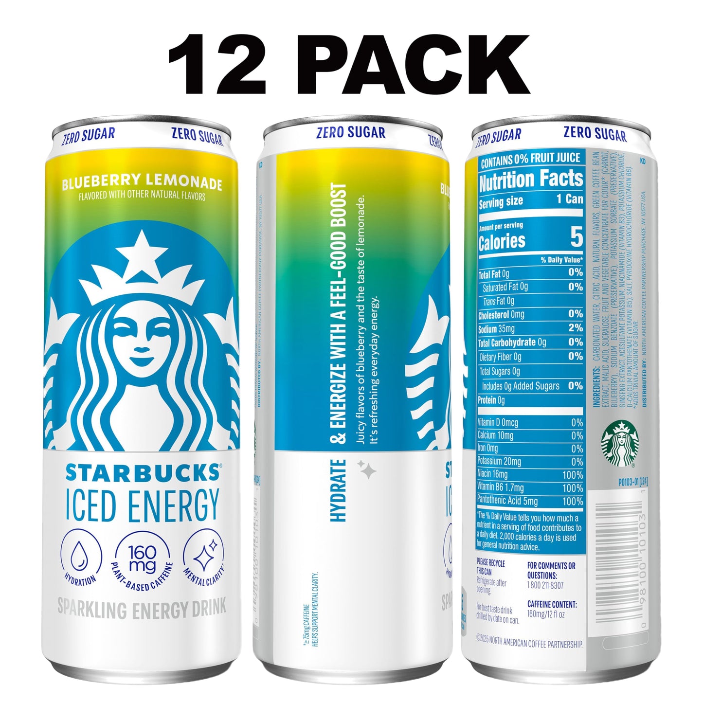 Starbucks Iced Energy Drink, Blueberry Lemonade, Zero Sugar, Plant-Based Caffeine, 12 Fl Oz Cans (Pack of 12)