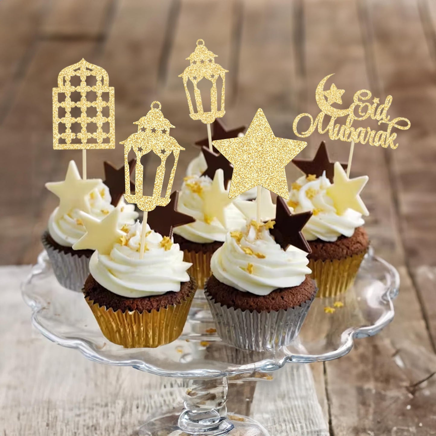 Gyufise 24Pcs Happy Eid Mubarak Cupcake Toppers Glitter Star Ramadan Kareem Cupcake Pick Moon Star Eid Islamic Muslim Theme Party Cake Decoration Supplies Gold