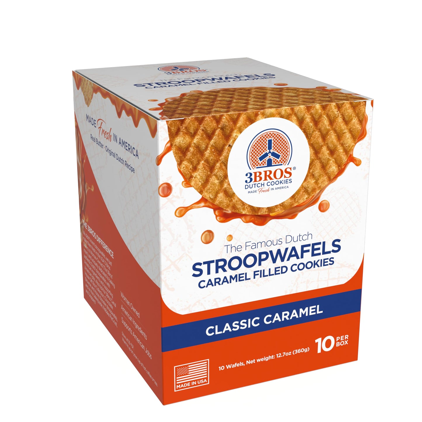 3Bros Stroopwafels  Dutch Caramel-Filled Waffle Cookies  Individually Wrapped  10 Count  Soft Toasted Outside With Buttery Caramel Filling  Made in USA in Our Family Bakery