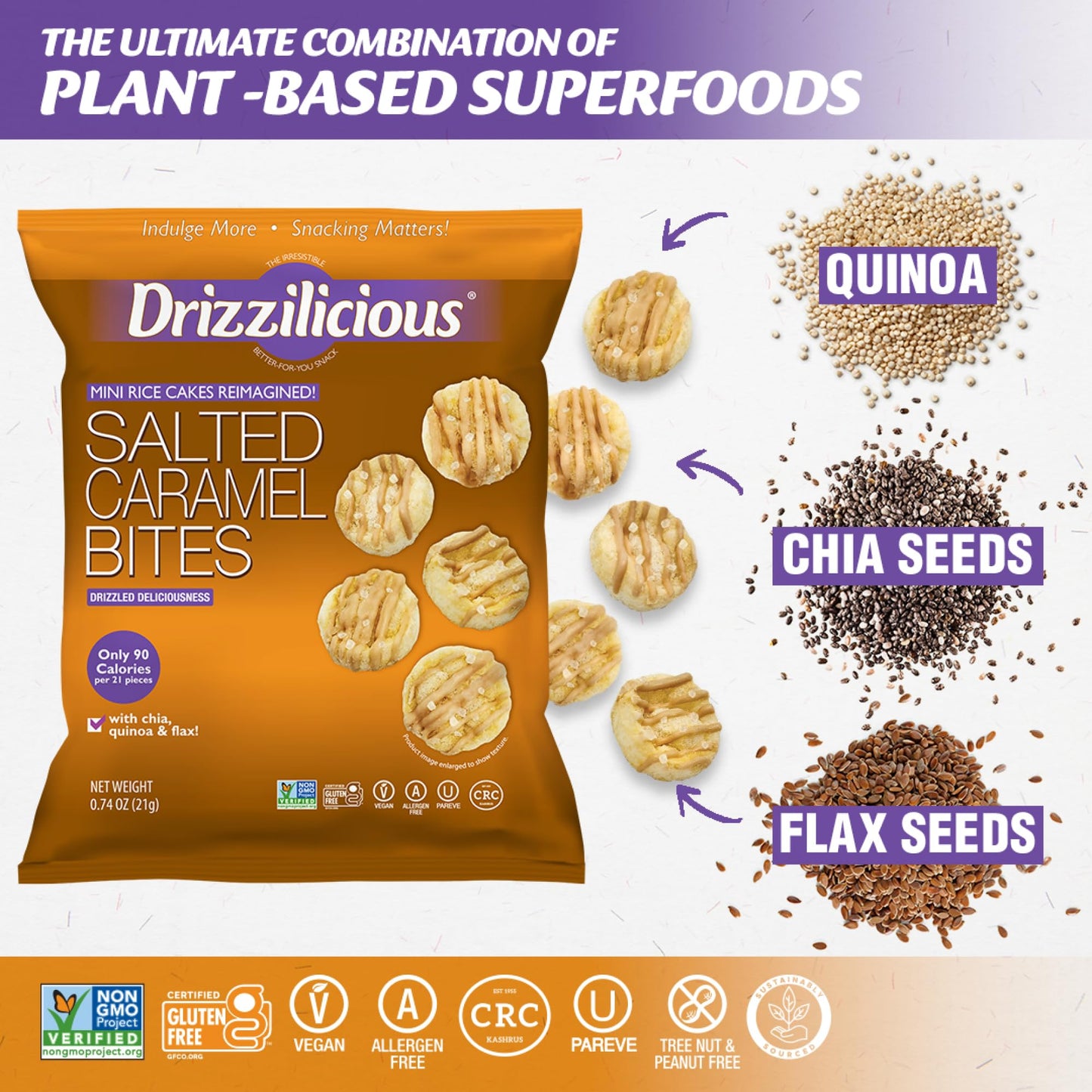 Drizzilicious Mini Rice Cakes Salted Caramel, Vegan & Gluten Free, Healthy Snack, 0.74 oz (Pack of 10), Only 90 Calories per Bag