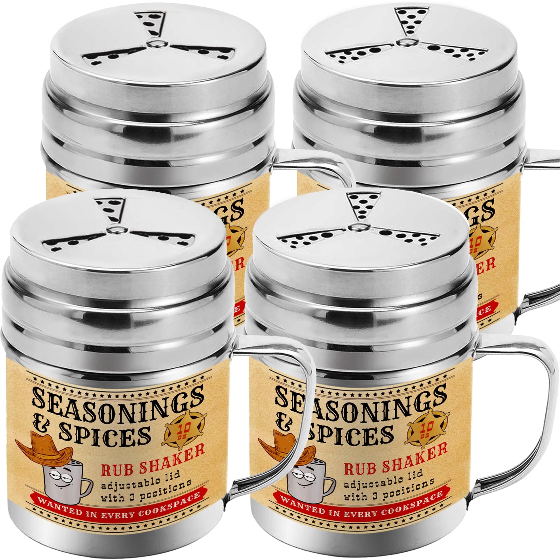 CUSINIUM Spice Shakers Set of 4 - 10 oz Stainless Steel with Adjustable Lid