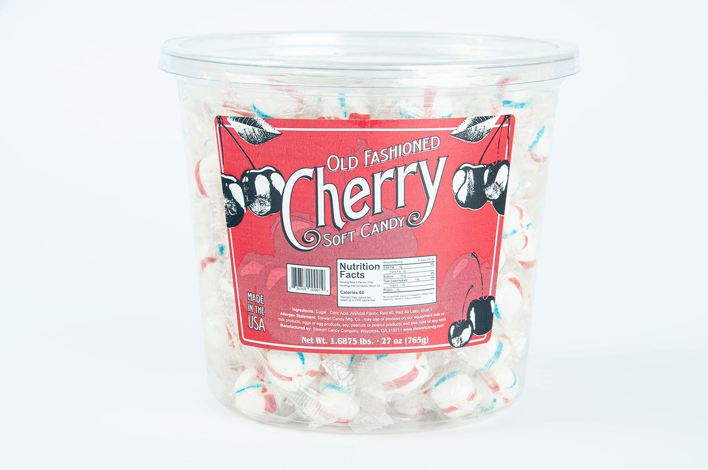Stewart Old Fashioned Cherry Candy Balls | Individually Wrapped Candy | Pure Cane Sugar Candy | Fat-Free, Cholesterol-Free, Gluten-Free | Classic Soft/Hard Texture, Made In Usa - 27 Oz Tub