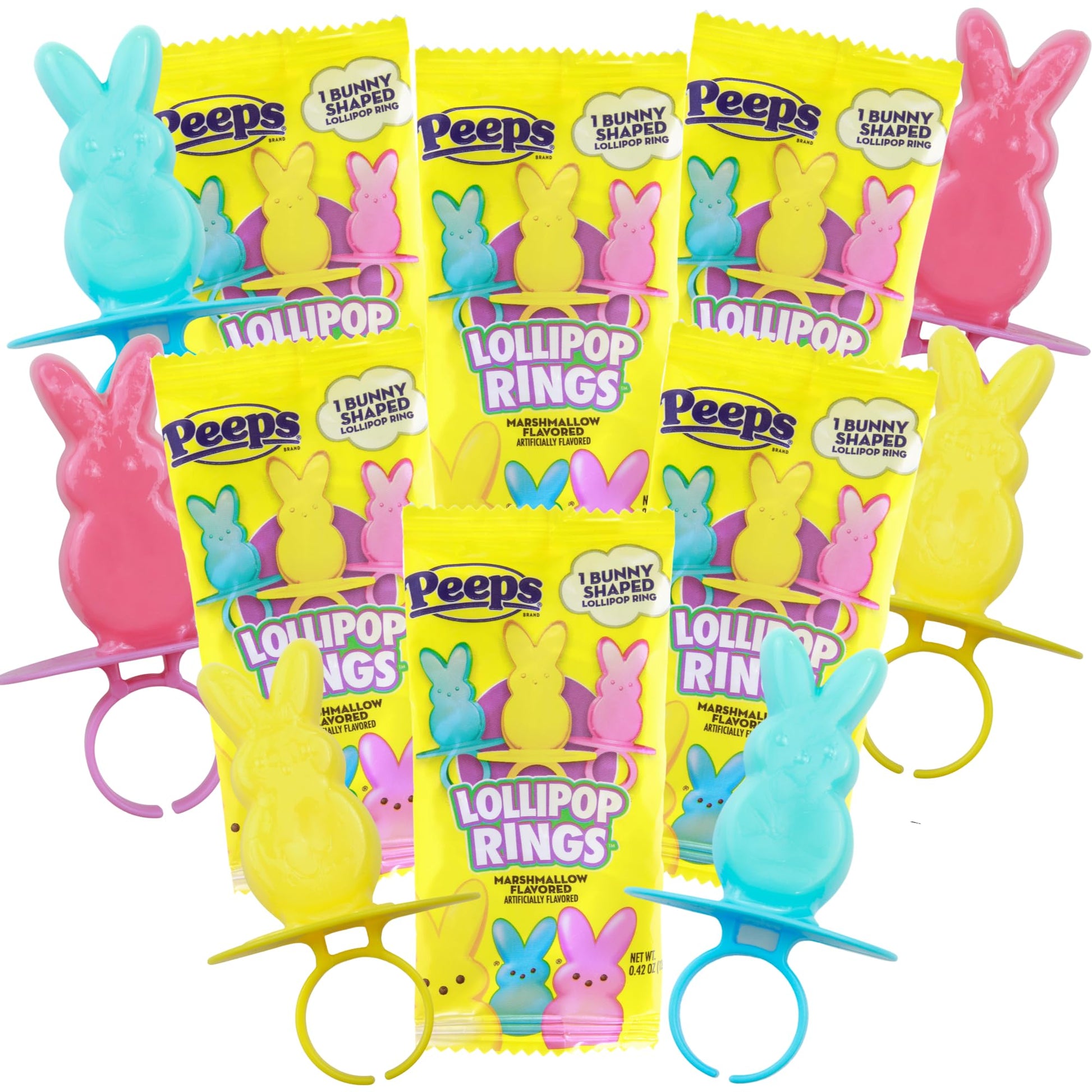 Easter Basket and Egg Hunt Candy, 2025 Peeps Lollipop Rings, Individually Wrapped Marshmallow Flavored Suckers, (6 Pack)