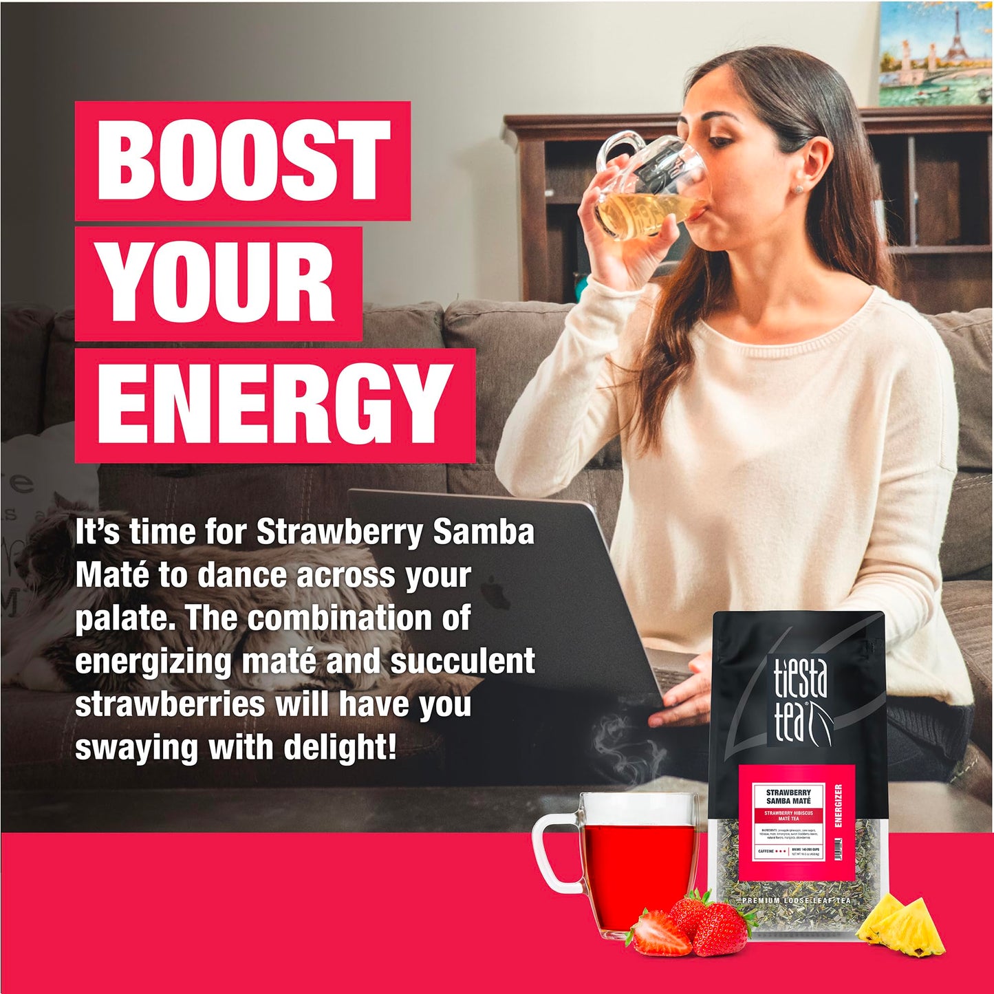Tiesta Tea - Strawberry Samba Mate - Strawberry Hibiscus Mate Tea - Loose Leaf Tea Blend - High Caffeinated Fruit Tea - Make Hot