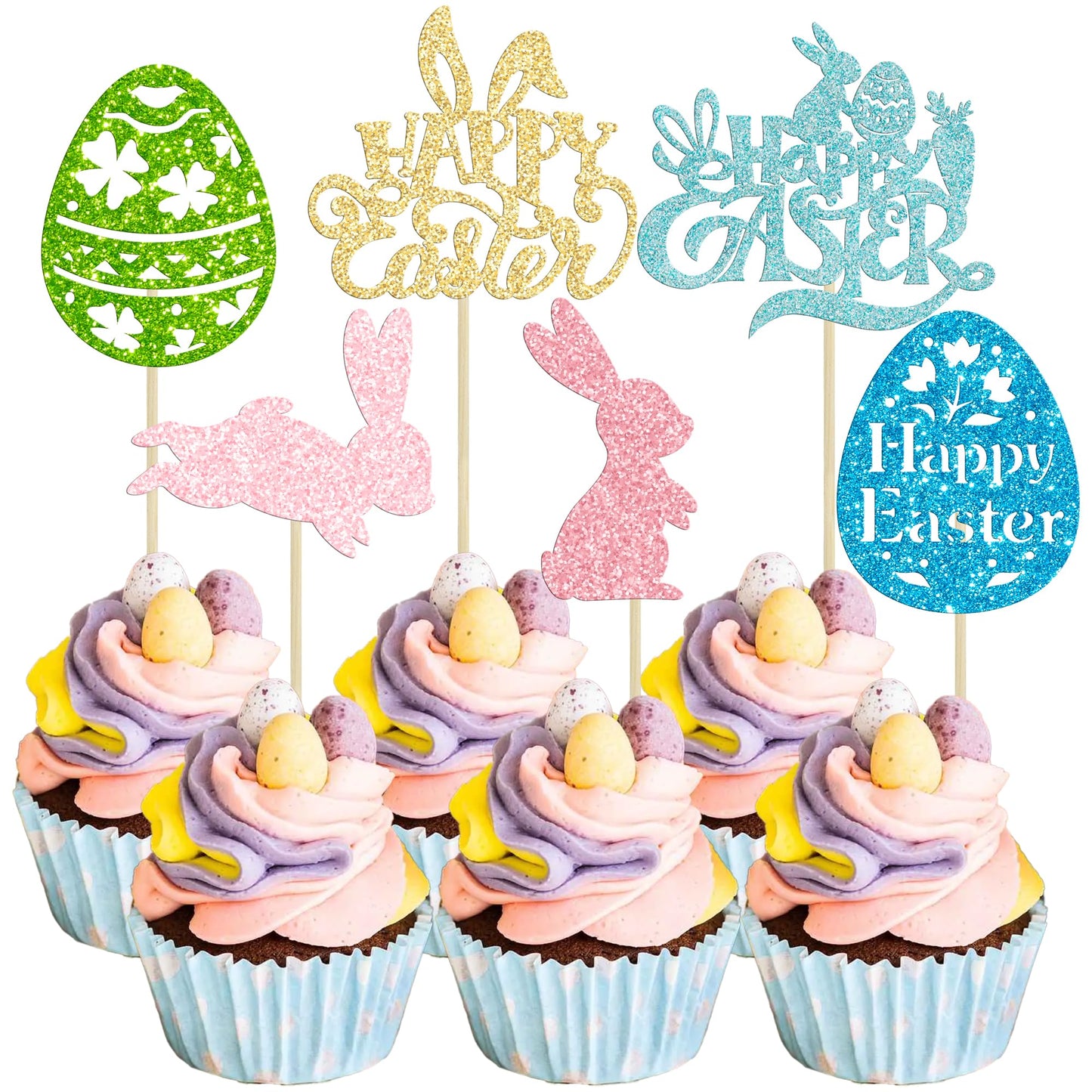 Gyufise 24Pcs Happy Easter Cupcake Toppers Glitter Bunny Egg Cupcake Decorations Easter Day Cake Toppers For Easter Theme Spring Birthday Baby Shower Party Supplies