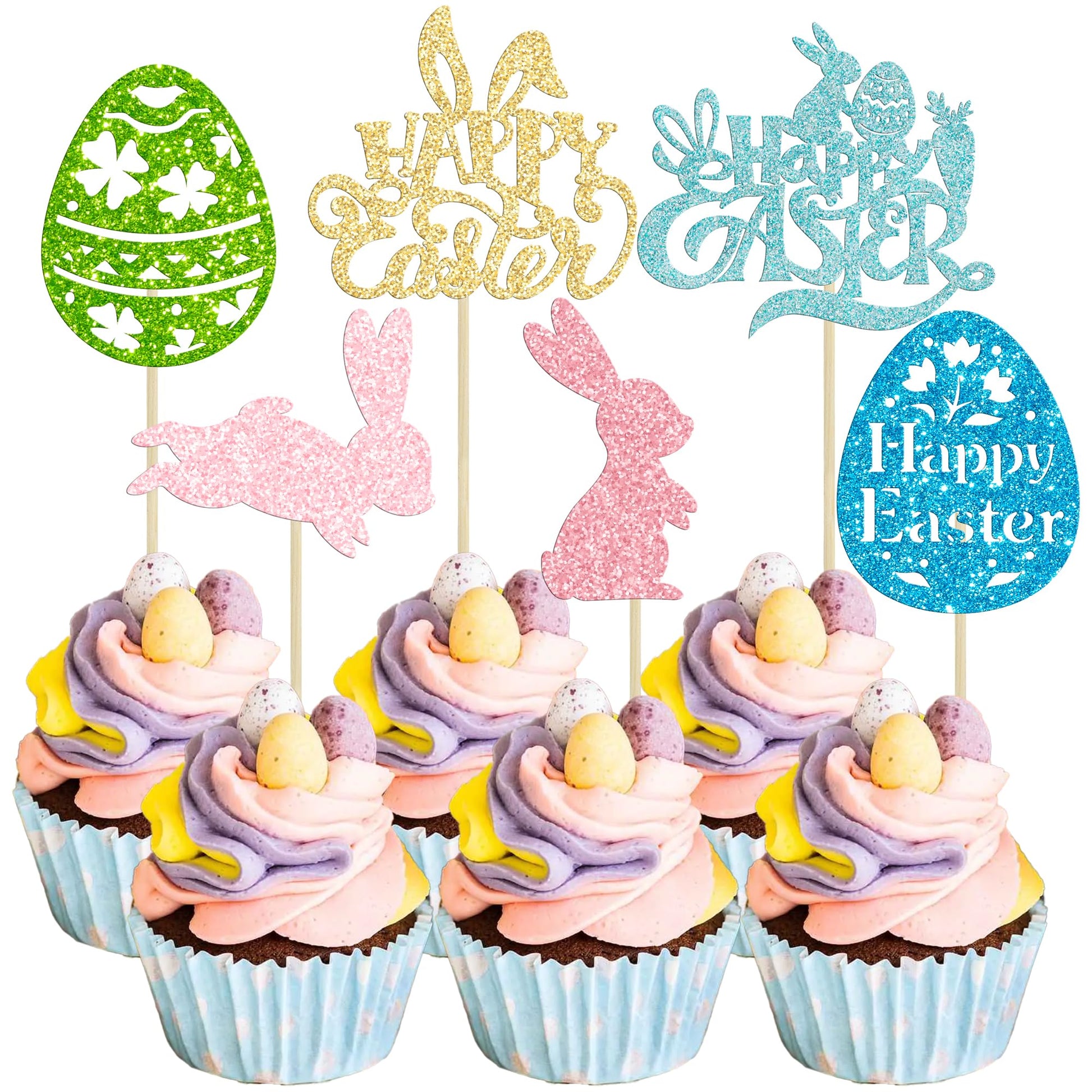Gyufise 24Pcs Happy Easter Cupcake Toppers Glitter Bunny Egg Cupcake Decorations Easter Day Cake Toppers For Easter Theme Spring Birthday Baby Shower Party Supplies