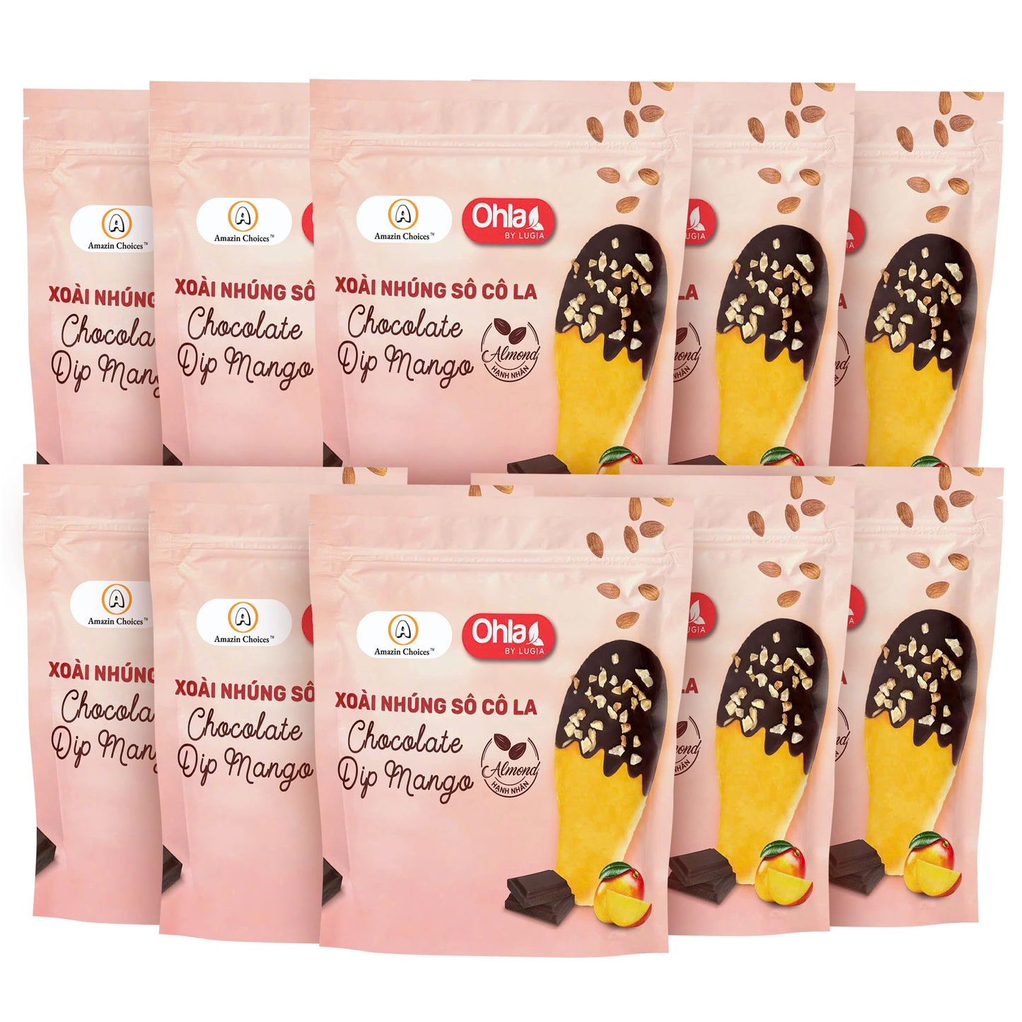 Vegan Dried Mango Slices Covered In Chocolate Almond Gluten-Free Snacks Pack - Tropical Chocolates Dip Mangoes  Non-Gmo  Top-Grade Fruit Snack Viet By Amazin Choices (3.52 Oz) Pack Of 10