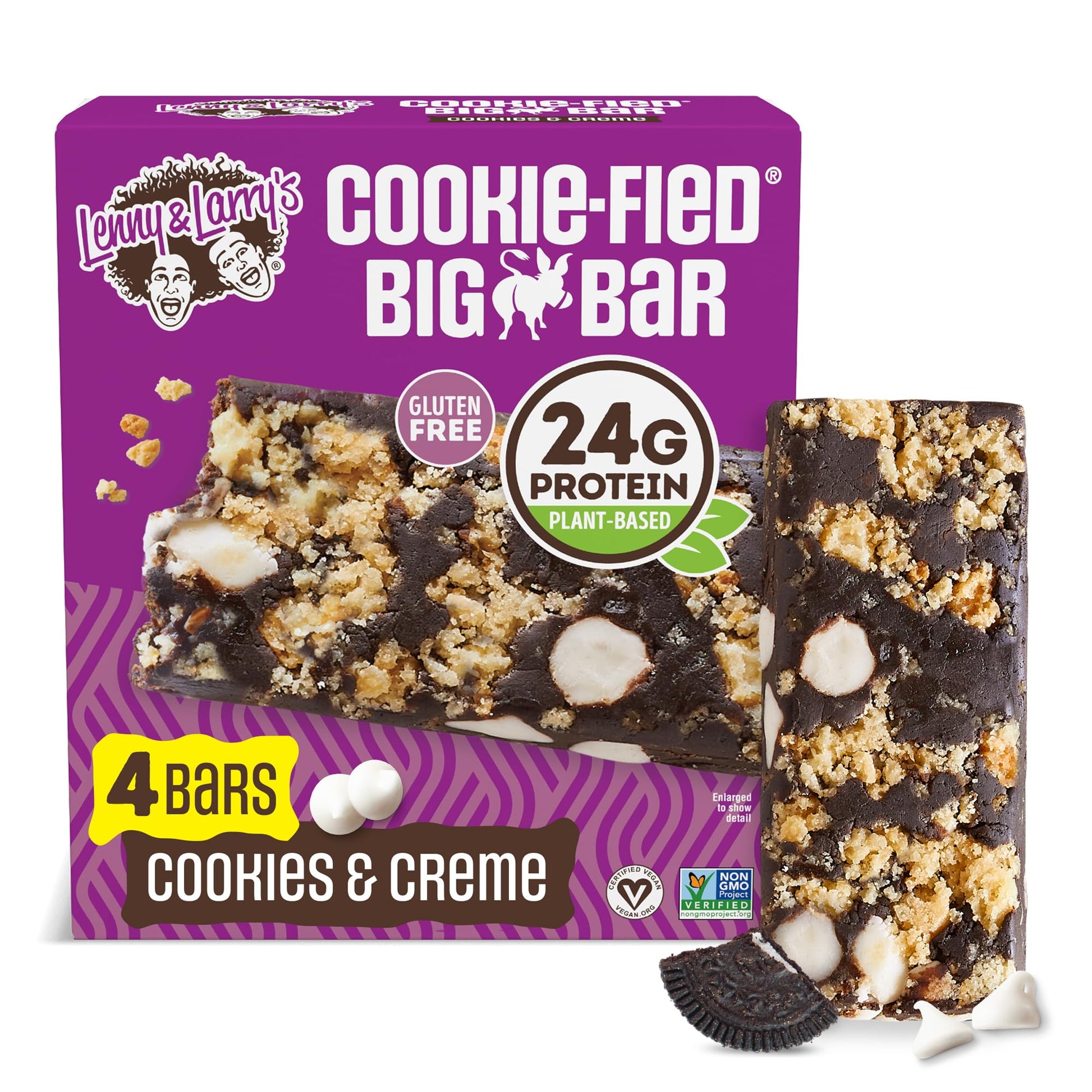 Lenny & Larrys Cookie-fied BIG BAR - Cookies and Creme Vegan Protein Bars 4x90g - Healthy Snacks, 24g Plant Protein & 10g Prebi