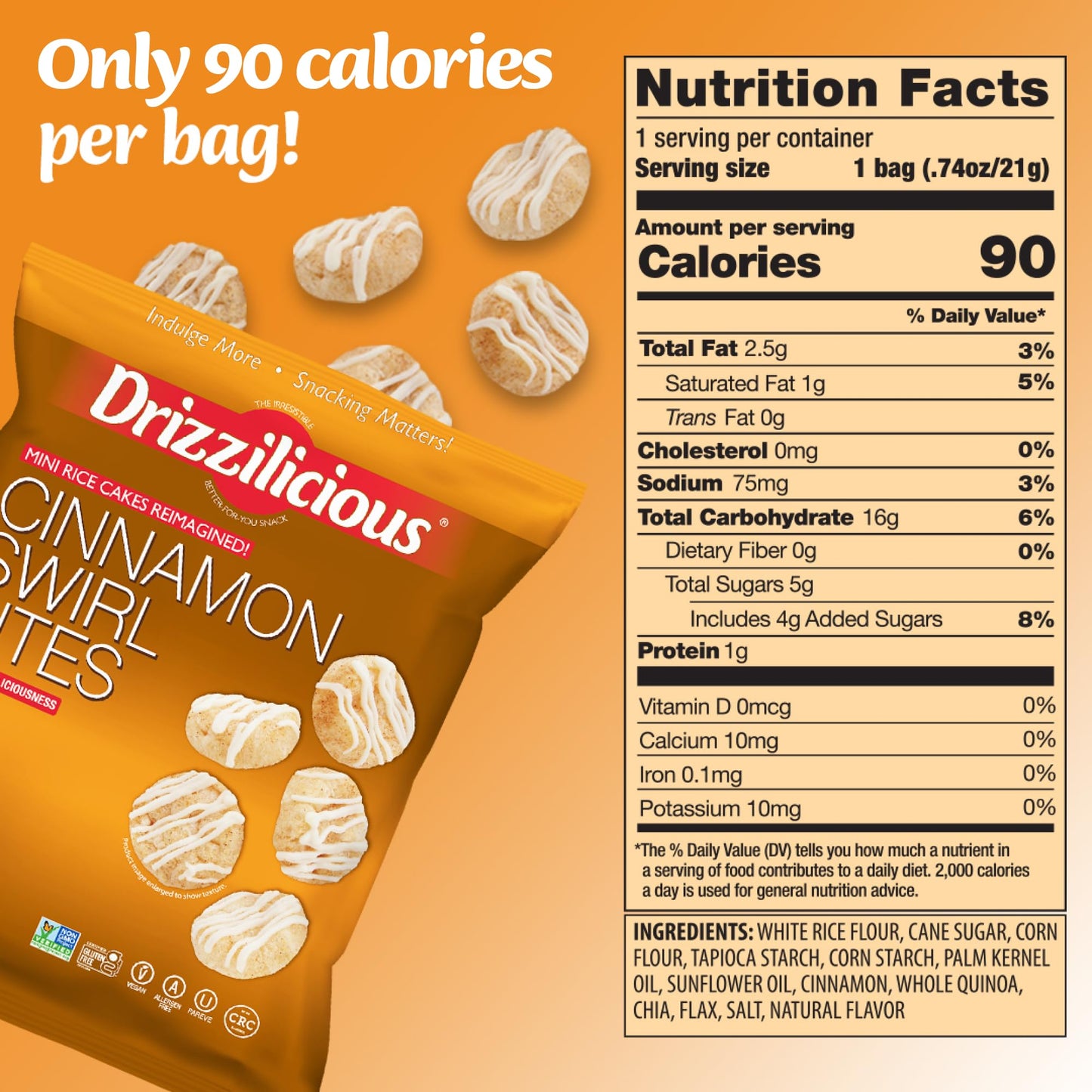 Drizzilicious Mini Rice Cakes Cinnamon Swirl - Rice Crisps, Healthy Snack For Adults And Kids, Flavored Rice Cakes, Vegan, Glute