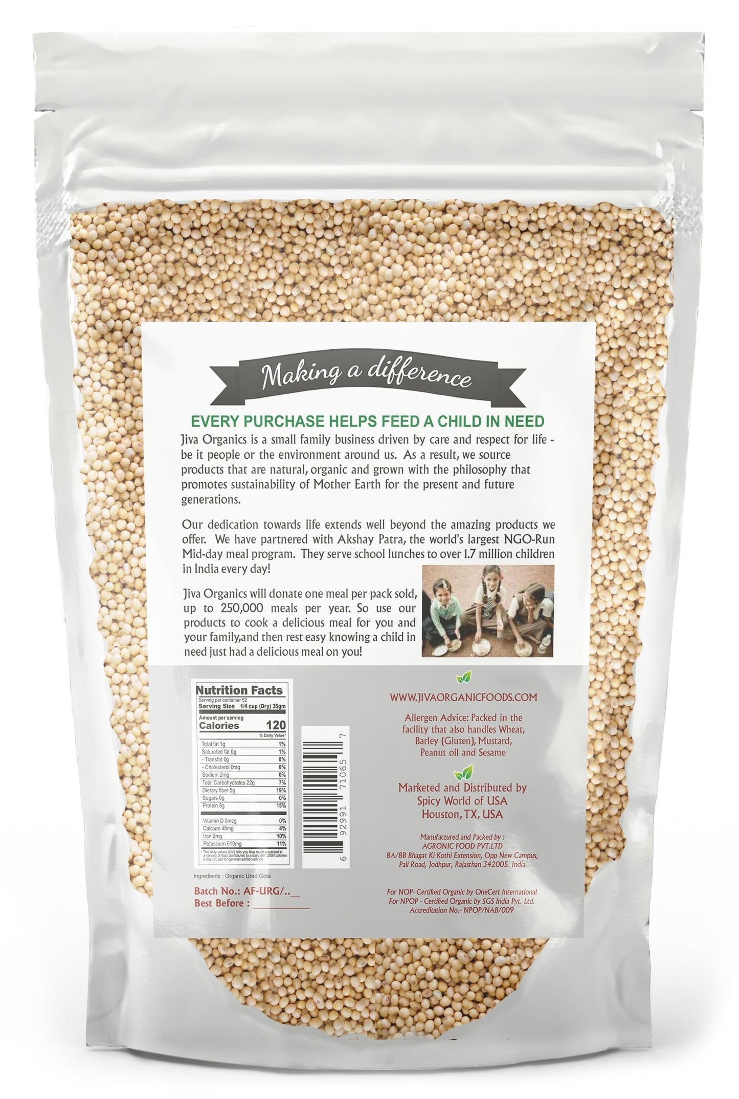 Jiva Organics Urad Gota 4 Lb Large Bag (Whole Urid White) - Vegan, Non Gmo