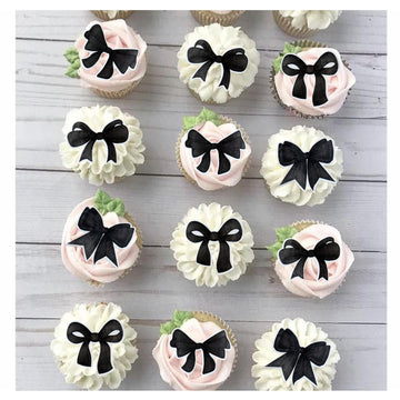 Cyodoos 40Pcs Edible Black Bowknot Cupcake Toppers Wafer Paper Bowknot Cake Dessert Picks Bowknot Drink Topper Baby Shower Princ