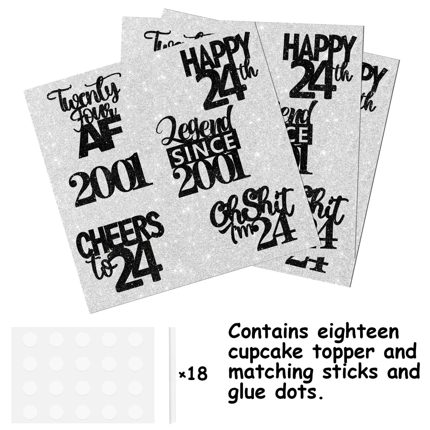 18Pcs Black Glitter Happy 24Th Dessert Cupcake Topper Pick For Funny Legend Since 2001 Theme Decor Supplies Men Women Happy 24 B