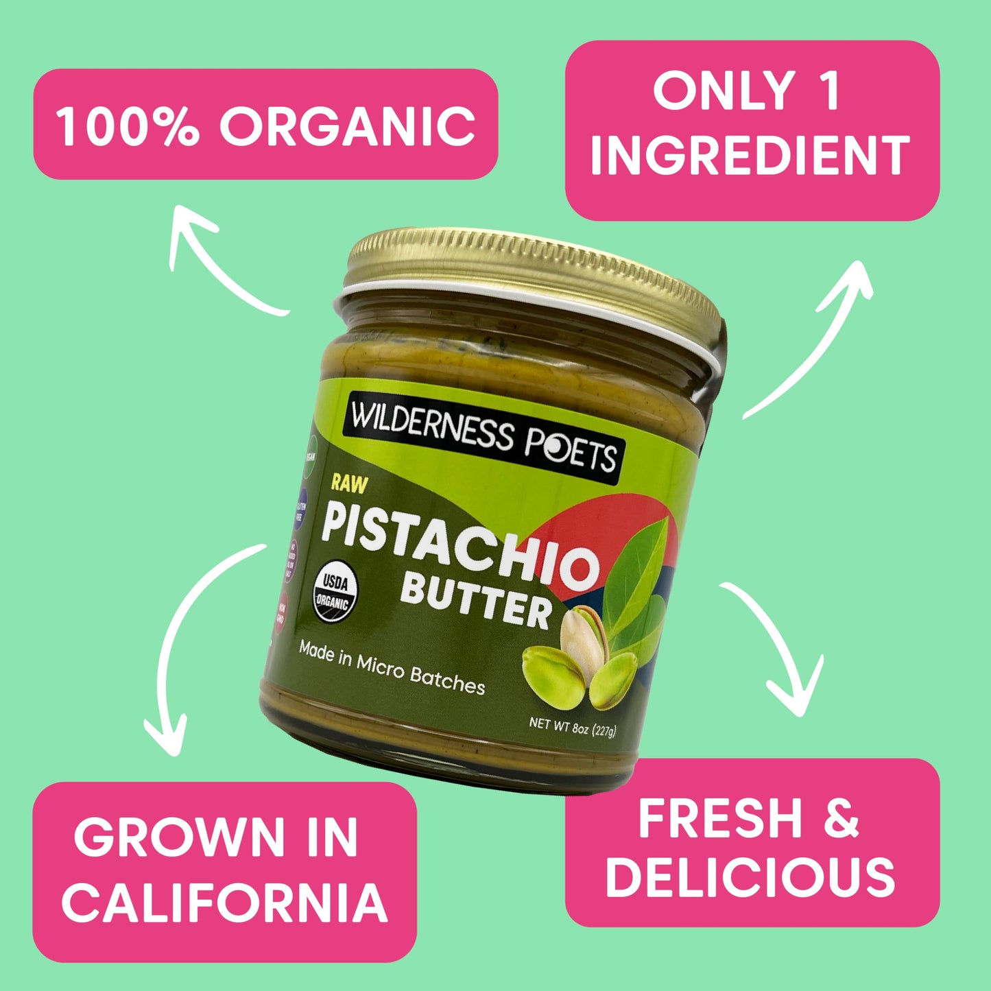 Wilderness Poets, Pistachio Butter - Organic, Raw, 100% Pistachio (640 Ounce - 40 Pound - 5 Gallon)